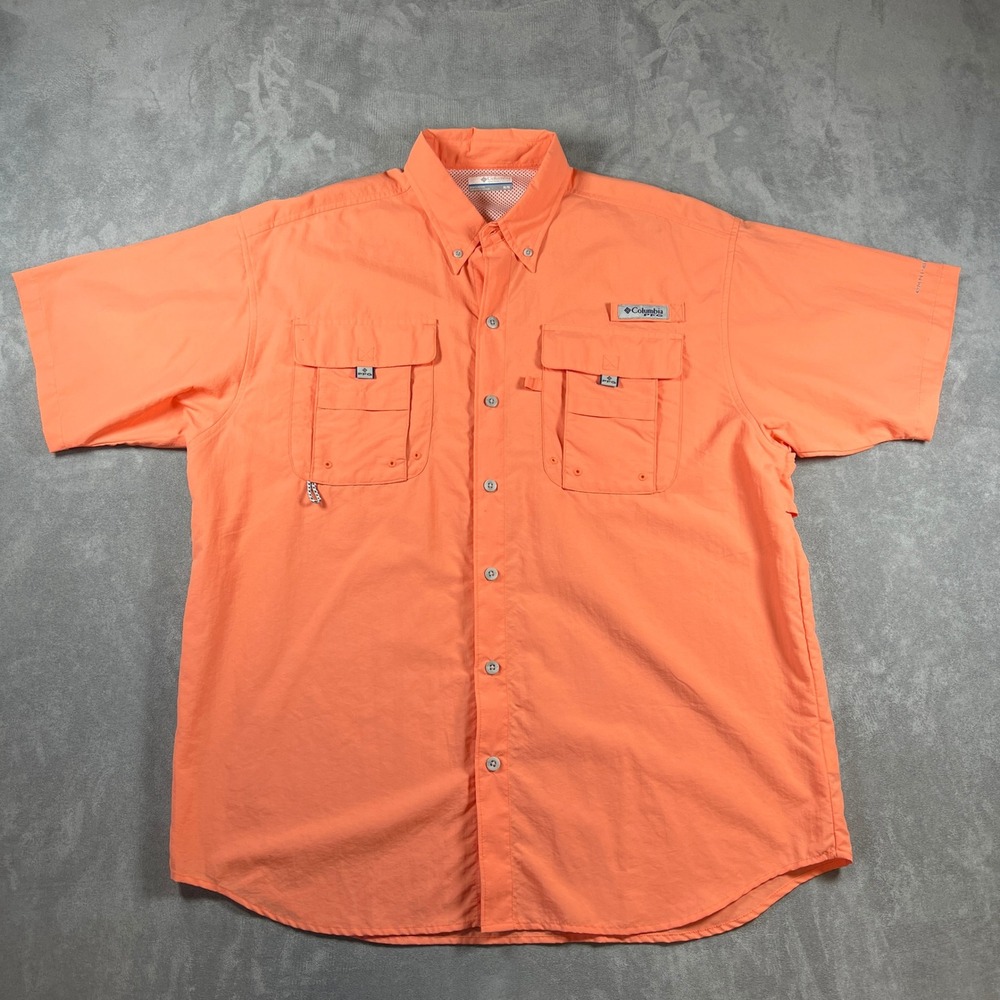 Columbia PFG Bahama II Fishing Shirt Mens Medium Short Sleeve Orange UPF 30